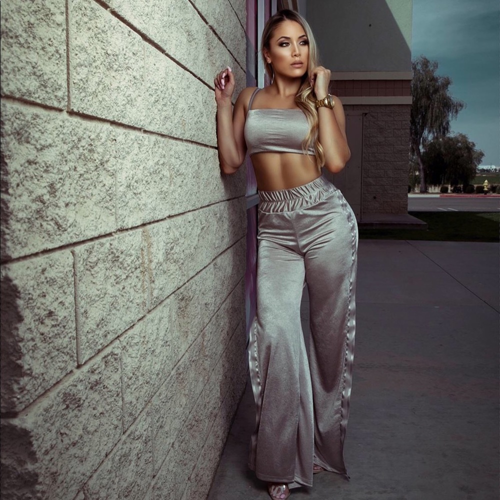 Woven Satin Crop Top and Pants Set